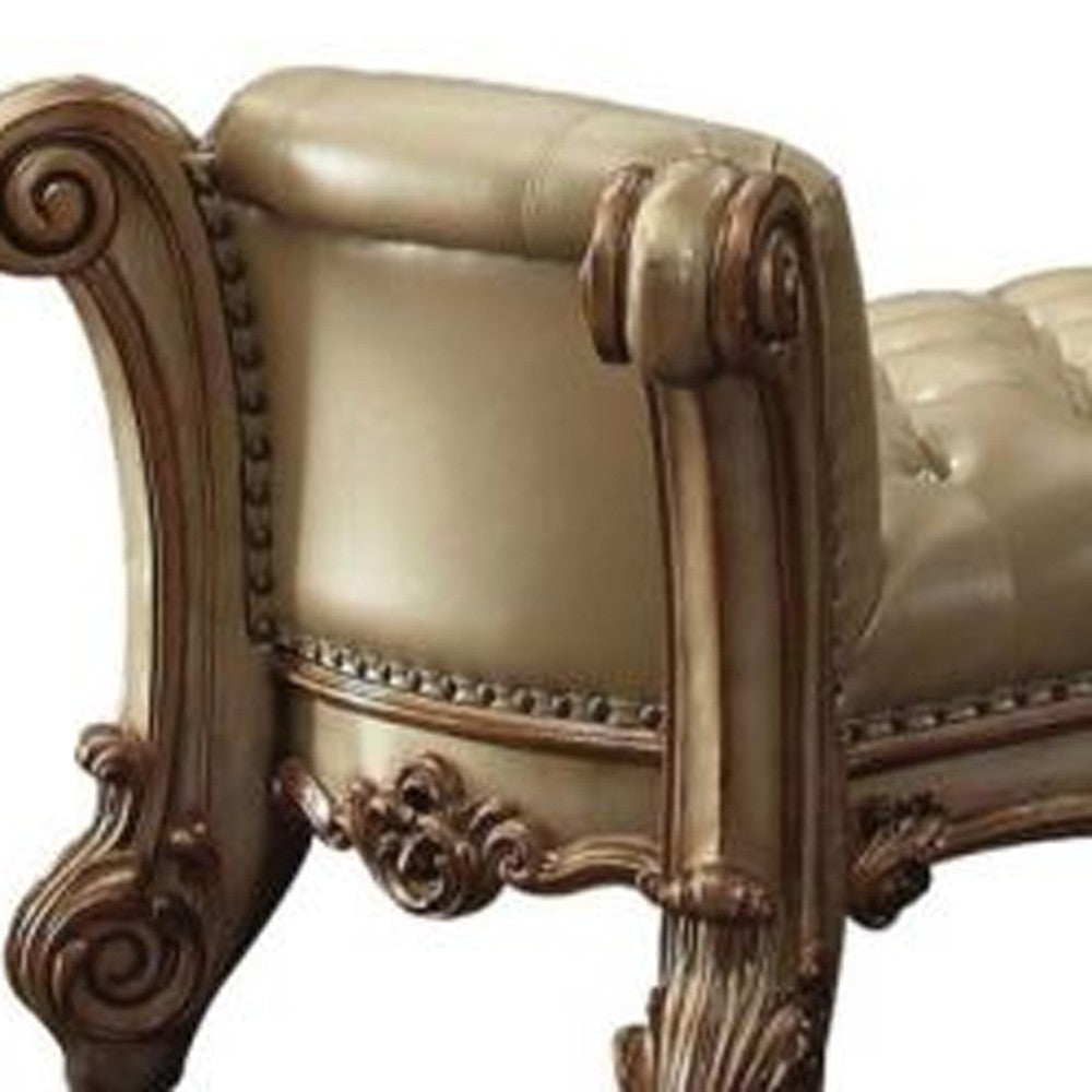 74" Bone and Gold Tufted Faux Leather Upholstered Bench
