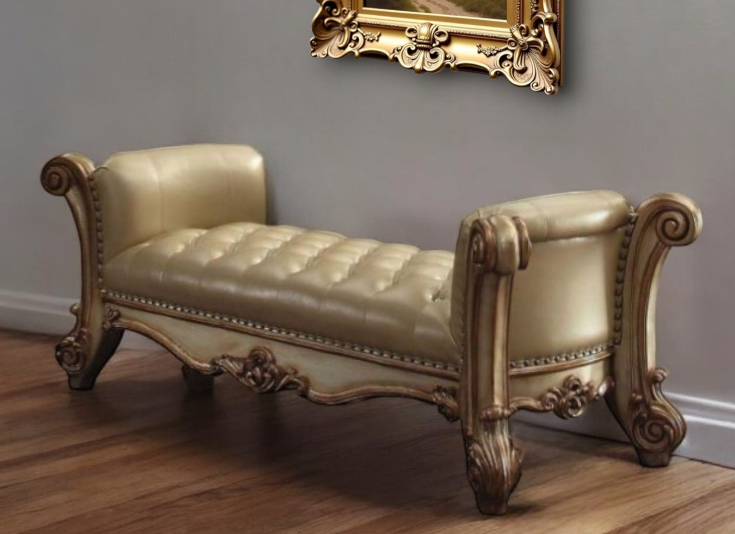 74" Bone and Gold Tufted Faux Leather Upholstered Bench