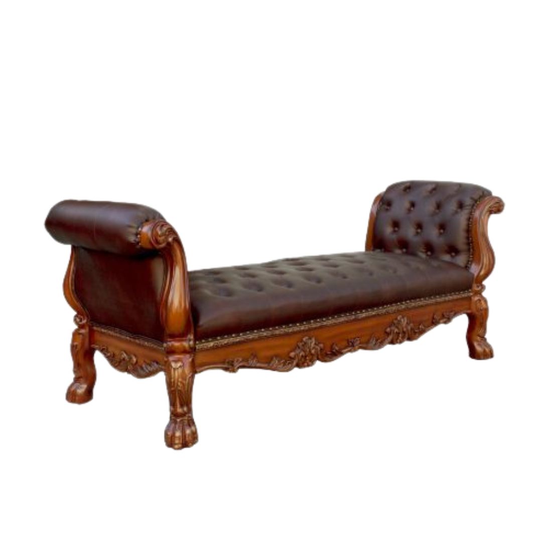 74" Bone and Gold Tufted Faux Leather Upholstered Bench